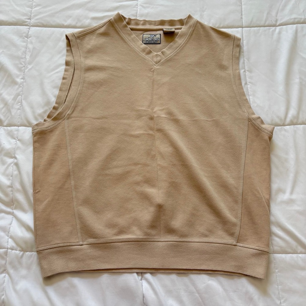 Mens VNeck Sweater Vest Tan Beige Fleece Pullover Medium Golf Preppy Minimalist